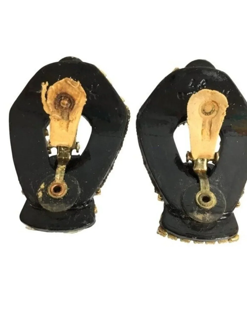Vintage M J HANSEN Signed Black Gold Cabochon Greek Warrior Clip Earrings 1987